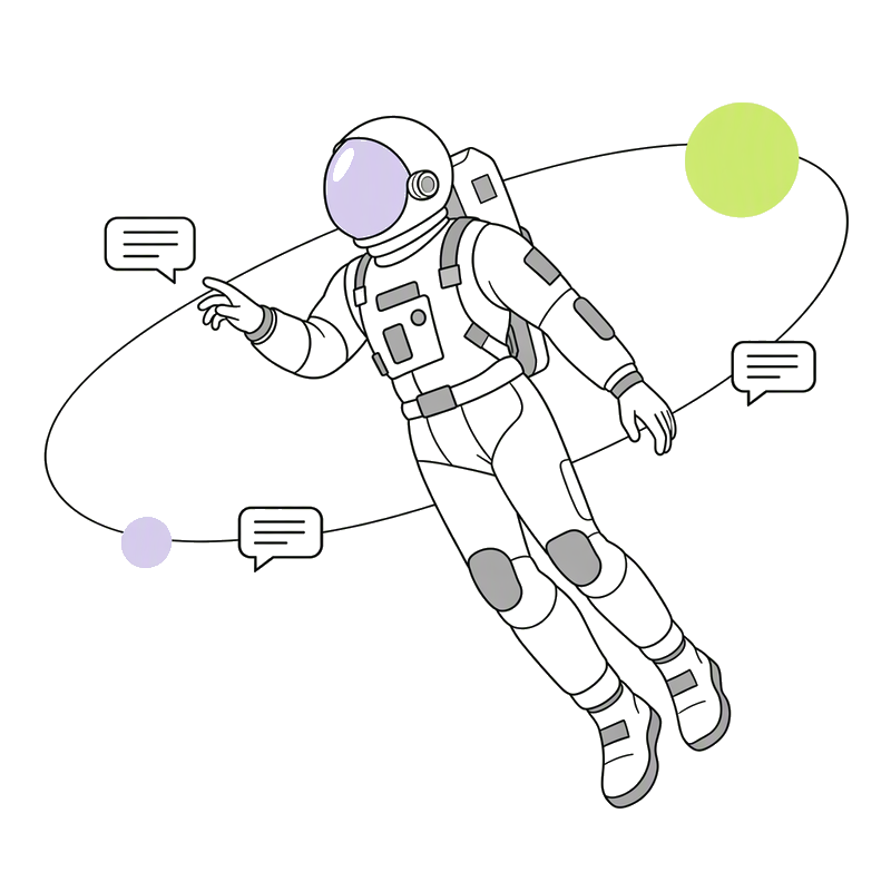 Ilustração de um astronauta entre órbitas e mensagens.